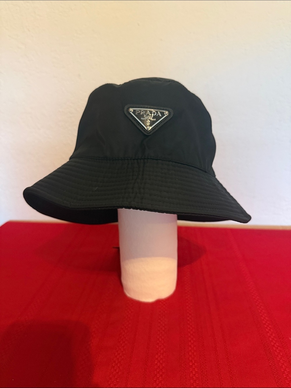 Prada Black Nylon Bucket Hat with Silver Triangular Logo